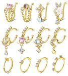 Morfetto 12Pcs Fake Nose Ring Hoop Stainless Steel Clip On Dangle Nose Ring for Women Men Non Piercing Adjustable Faux Nose Rings Set Gold