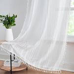 Bapawfish 54 Inches Long White Boho Lace Sheer Curtain Panels with Tassels,Cutwork Geo Embroidery Pattern Drapes,Rod Pocket Window Treatment for Bedroom Living Room,40" Wx54 Lx2,White