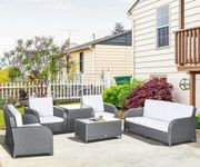 OMCCO 6 Pieces Outdoor Patio Sectional Sofa Couch HDPE Wicker Furniture Sets with Cushions and Glass Center Table Side Table for Garden, Poolside, and Backyard (Silver and Beige)
