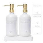 Janxin Glass Soap Dispenser for Kitchen with Stainless Steel Pump and Wood Tray, Modern Bathroom Dispenser with Waterproof Labels for Hand, Dish Soap, Lotion(White Bottles+Gold Pumps)