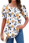 Zeagoo Women's Summer Shirts Casual Puff Short Sleeve Tops Pleated Floral Print Crewneck T-Shirts Blouses Loose Tunic for Older