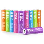 EBL AA Rechargeable Battery 2500mAh Ni-MH Double A Pre-Charged Rechargeable Batteries (10 Pack, 5 Colors in a Box)