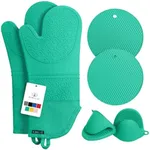 Rorecay Extra Long Oven Mitts and Pot Holders Sets: Heat Resistant Silicone Oven Mittens with Mini Oven Gloves and Hot Pads Potholders for Kitchen Baking Cooking, Quilted Liner, Pack of 6 (Jungle)