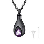 U7 Fashion Urn Necklace for Ashes Men Women Black Plated Stainless Steel Keepsake Urns Pendant with February Birthstone Amethyst Purple Teardop Necklace