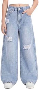 PATPAT Girls Baggy Ripped Jeans 5-14Y, Y2K Vintage Mid Waist Wide Leg Jeans, Trendy Denim Pants with Elastic Waist & Pockets