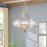 Majhoiw Rustic Crystal Chandelier Farmhouse Chandelier with Round Metal Shade 4-Light Brushed Nickel Chandeliers for Dining Room, Hallway, Bedroom, Foyer