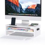 BONTEC Wood Monitor Stand Riser, Desk Monitor Stand with Smartphone Holder, Ergonomic Laptop Stand with Cable Management for Computer, Notebook, iMac, PC, 2 Tiers Black (W420 x D235 x H142mm) White