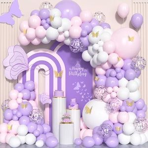 Palloncini Rosa Viola, 125 pezzi Rosa Lilla Pastello Coriandoli Bianco Arco Palloncini Kit con Farfalla oro per Ragazze Donne Festa di Compleanno Matrimonio Baby Shower Battesimo Bambino Decorazioni