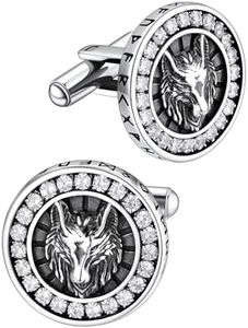 316L Stainless Steel Cufflinks Shirt Studs with White CZ Viking Wolf Head Cuff Links Business Wedding Gifts for Men