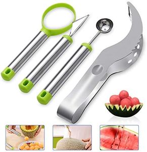 Milkary 4 PCS Watermelon Slicer Cutter Set, Fruit Carving Tools Knife, Melon Baller Scoop, Stainless Steel Fruit Corer Cutter Kit for Ice Cream Vegetable Cantaloupe Melon Multi-functional Slicer