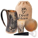 Divit Genuine Viking Drinking Horn Mug, Shot Glass, Bottle Opener & Coaster (4 Pc. Set) | Authentic Medieval Beer Horn Tankard | Horn Cup/Stein | Burlap Sack Included (Fenrir | Natural, 650-700 ml)
