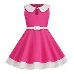 IWEMEK Girls 50s Vintage Dress Peter Pan Collar Color Block Prom Party Dress with Belt 1950s Audrey Hepburn Style A-line Rockabilly Swing Flower Girl Dress Communion Evening Gown Hot Pink 8-9 Years