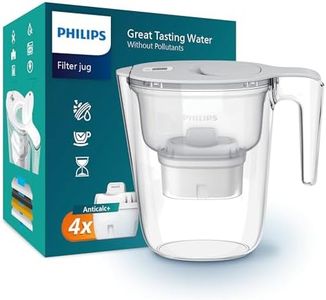 Philips Water Filter Jug +4 Anticalc+ Replacement Filter Cartridges, UP TO 50% MORE WATER-HARDNESS REDUCTION, Fast flow, White, 2.6 litres, Electronic timer