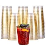 MATANA 100 Premium Clear Hard Plastic Cups, Plastic Party Cups with Gold Glitter (285ml / 10oz) - Reusable Plastic Glasses, Tumblers, Gold Cups for Drinks, Cocktail, Dessert, Wedding, Parties