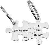 omodofo Valentine's Day His and Hers Puzzle Piece Pendant Necklace Keychain Set Personalized Couples Stamped Chain Keyring (I Like his Beard & her Butt (Keychain))