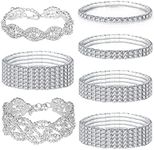 Jewdreamer 7PCS Rhinestone Bracelets for Women Cubic Zirconia Tennis Stretch Bracelet Bangle Bling Bikini Crystal Bracelet Sliver Sparkly Bridal Wedding Jewelry Bracelet Set, Metal, Cubic Zirconia