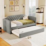 Merax Twin Size Upholstered Daybed with Trundle Bed, Linen Fabric Tufted Wooden Sofa Bed Frame for Living Room, Guest Room, Bedroom, Grey