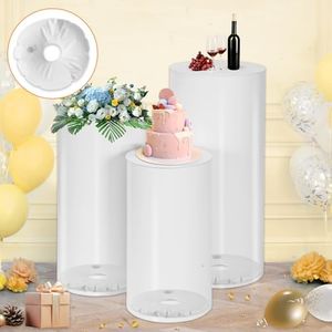 ROOLLYA Thickened PVC Cylinder Pedestal Stands 3Pcs with Free Weighted Water Bag - White Round Pedestal Stand for Wedding, Birthday, Babyshower Decoration 35.4''(L),29.5''(M),23.6''(S)