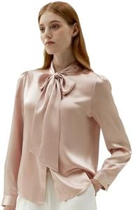LilySilk Bow-tie Neck Silk Blouse for Women Long Sleeve Ladies Tops Buttons VintageReal Silk Shirts (Light Beige, M/8-10)