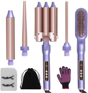 Hair Curling Iron Set, 3 Barrel Beach Waver Curling Wand, Hair Straightener Brush, 5 in 1 Waver and Crimper Hair Tool for All Hair Types, Insulated Table Mat & Oven Mitt & 2 Clips Included