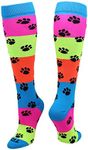 TCK Neon Rainbow Fun Print OTC Socks (Paw Print, Medium)