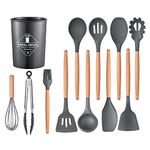 12 Pcs Silicone Cooking Utensils Kitchen Utensil Set - 446°F Heat Resistant,Turner Tongs, Spatula, Spoon, Brush, Whisk, Wooden Handle Gray Kitchen Gadgets with Holder for Nonstick Cookware