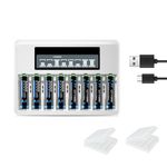 CITYORK 8 Bay AA AAA Lithium Battery Charger with 8 Pack 1.5 V AA 3000mWh Lithium Rechargeable Batteries, LCD Independent Fast Charger for 1.5V AAA AA Li-ion Rechargeable Batteries with USB Cable