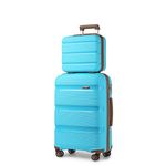 Kono Luggage Sets 2 Piece Hard Shell Polypropylene Travel Trolley with 4 Spinner Wheels TSA Lock Carry On Hand Cabin Suitcase with Beauty Case (Blue/Brown)