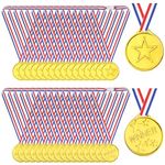 PLULON 60 Pcs Gold Medals for Kids, Plastic Winner Medals Award Gold Medal for Children with Neck Ribbons for School Sport Day Party Competitions (Gold)