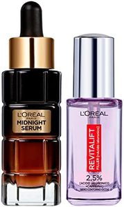 L'Oréal Paris Midnight Serum antiarrugas con complejo antioxidante y antiedad de 30 ml + Revitalift Sérum antiarrugas para el contorno de ojos con ácido hialurónico y cafeína, 20 ml