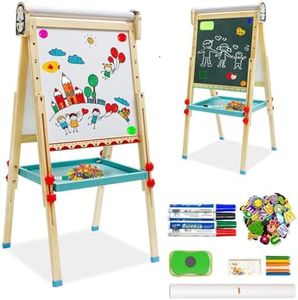 Lavagna in Legno per Bambini, Cavalletto per Bambini con Rotolo di Carta, Lavagna Bianca su Due Lati, con Numeri e Altri Accessori per 3 Anni ragazzi e Ragazze Regalo