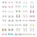 LOLIAS 40 Pairs Stainless Steel Kids Cute Earrings for Girls Women Teens Assorted Earrings Animals Flower Pearl Stud Earrings Set Gifts Hypoallergenic Tiny Earrings Pack