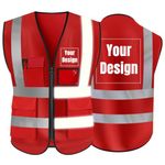 YOWESHOP High Visibility Safety Vest Custom Your Logo Protective Workwear 5 Pockets With Reflective Strips Outdoor Work Vest (Red (M))