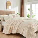 Jameswish Soft Fluffy Rabbit Fur Comforter Set Shaggy Faux Fur Striped Bedding Set with Pillowcase Winter Warm Plush Fuzzy Bed Set 3 Piece(Ivory, King)