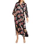 N Natori Women's Geisha-Printed Satin Caftan Length 52" Nightgown, Black/Multi, X-Large