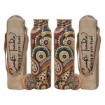 Craft Trade Set of 2 Printed Pure Copper Bottle with Lid and Carry Bag for Drinking Water BPA Free Leak Proof Boosts Immunity, Supports Digestive & Ayurveda Inspired 34oz - 1 Litre