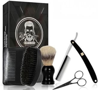 MenGate Straight Edge Razor Shaving Kit, Including Steel Shaver & Shaving Brush & Wooden Beard Comb & Brush, Beard Grooming Scissors, Idea Gift for Christmas, Birthday, Father for Men