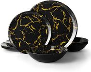 Melamine Dinnerware Sets - 12 pcs Melamine Plates Indoor and Outdoor use Black Marble Plates and Bowls Dinnerware Sets Camping Dish Set for 4 Dishwasher Safe(Sahara Gold)