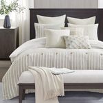 MADISON PARK SIGNATURE King Comforter Set Clipped Jacquard Stripes with Buttons Boho Comforter for a King-Size Bed, Cotton Oversized Comforters with Removable Cover Boho Bedding, King Ivory 9 Piece