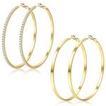 BESTEEL 2 Pairs 14K Gold Filled Large Hoop Earrings for Women Hypoallergenic Lightweight Rhinestone Hoop Earrings 925 Sterling Silver Post Thin Big Hoops Set Gold 60mm