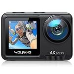 WOLFANG GA420 Dual Screen Action Camera 4K 60FPS 24MP Touchscreen Underwater Camera, 10M Body Waterproof/40M Waterproof Helmet Bike Camera with EIS, Remote Control, 2x1350mAh Batteries, Accessory Kit