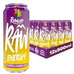 Rubicon RAW 12 Pack Pineapple & Passion 500ml Energy Drink, 20% Real Fruit Juice, High caffeine with B-Vitamins, Ginseng & Guarana, No Artificial Colours or Flavours, Reduce Tiredness & Boost Energy