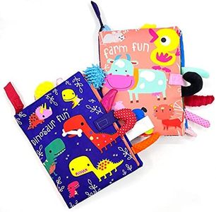 Adpartner Soft Baby Cloth Books, Touch and Feel Crinkle Books for Babies, Dinosaur and Farm Tails Activity Fabric Books Early Education Learning Toys for Infants & Toddlers, 2-PACK