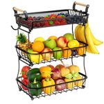 Miyawell Fruit Basket, 3 Tier Fruit Bowl with 2 Banana Hanger, Kitchen Countertop Rack, Vegetable Counter Holder, Large Metal Bowls Perfect for Holding Fruits, Vegetables, Snacks, Cupcakes, Black