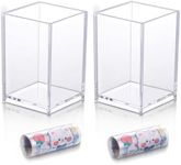 JIANTA 2 Pack Acrylic Pen Holder with Stickers, Acrylic Pen Pot, Transparent Pen Cup, Clear Brush Storage, Makeup Organizer, Desk Accessory for Home, Office, School (3.8 x 2.5 x 2.5 in)