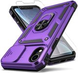 YZOK for iPhone XR Case,with Camera Lens Cover HD Screen Protector,[Military Grade] Ring Car Mount Kickstand Hybrid Hard PC Soft TPU Shockproof Protective Case for iPhone XR-Purple