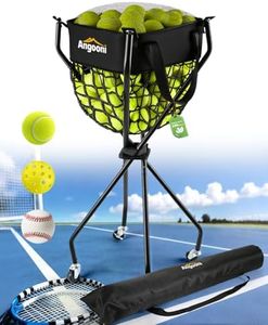 Angooni Tennis Ball Hopper for 150 Balls, Tennis Cart with Wheels and Carry Bag, Portable Pickleball Cart with 9-Strand Mesh Ball Basket for Training, Teaching & Family Play