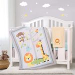 YJM 4Pcs Cot Bedding Sets Boy , Zoo Baby Bedding Sets Neutral Comter Fitted Sheet Cot Skirt Blanket,Nursery Bedding Set , Zoo Brown