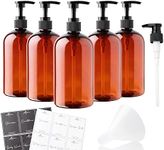 Alora 5-in-1 Apothecary Bottles for Home & Commercial Use - 16oz Elegant 8.5x3in Refillable Amber Shampoo Storage, Handwash, Massage Oils - includes 24 Waterproof Labels, Bonus 2CC Pump & Funnel