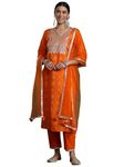 INDO ERA Women's Printed Pure Cotton Straight Kurta & Pant with Dupatta Set (IEPND9526_X-Large) Orange